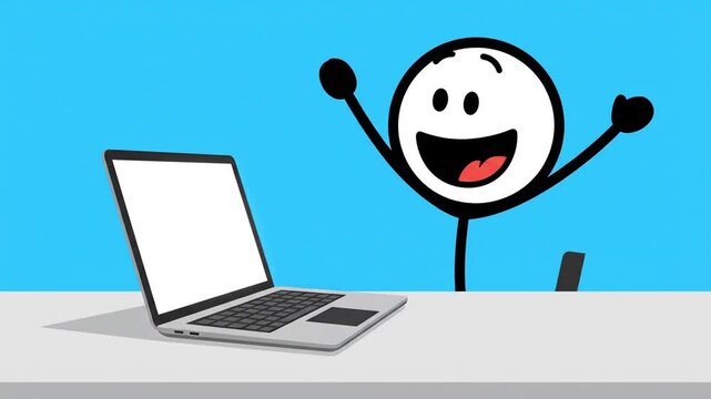 Stick Figure Cartoon Celebrating Success at Laptop Animation
