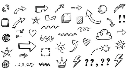 Hand Drawn Doodle Icons Arrows Shapes Hearts Stars and Symbols on White Background vector illustration