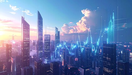 Obraz premium A futuristic cityscape at dusk with digital financial data overlaid on the skyscrapers, depicting market trends