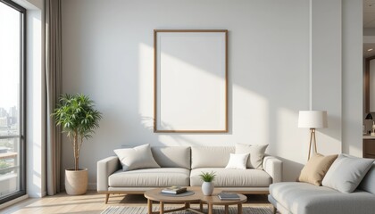 Fototapeta premium Modern interior design of a living room with a blank picture frame on the wall
