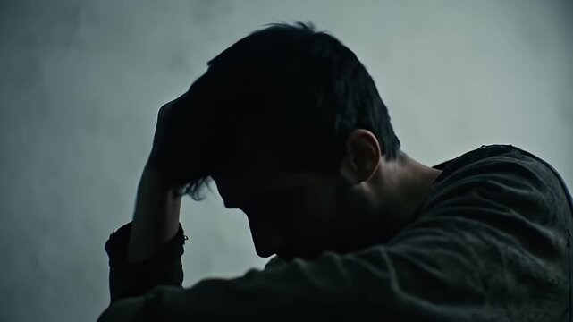 Silhouette of Young Man in Despair Against a Gray Background with Dramatic Lighting and Gray Toned Color Pallete Dark