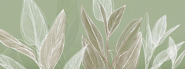 Elegant Line Art of Leaves on Soft Green Background for Design