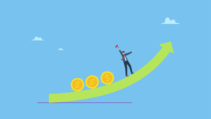 Businessman investor, fund manager holding flag lead money coins running up rising graph. Investment profit and earning, stock market growth or fund flow depend on interest rate and inflation.