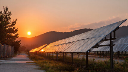 Fototapeta premium Solar panels reflect sunlight during sunset, showcasing renewable energy technology in serene landscape. scene captures harmony between nature and sustainable energy solutions