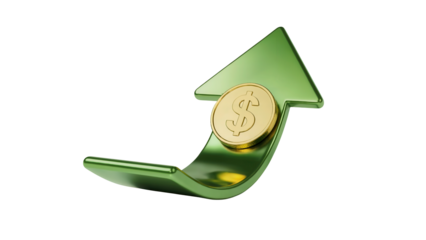 Dollar coin rising on green arrow symbolizes financial growth and success