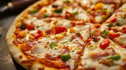 Close-up view of a delicious pizza with various toppings.