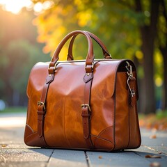 Brown leather travel bag outdoors