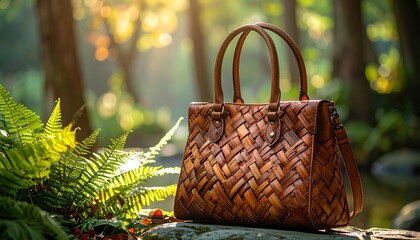 Brown woven leather handbag in forest