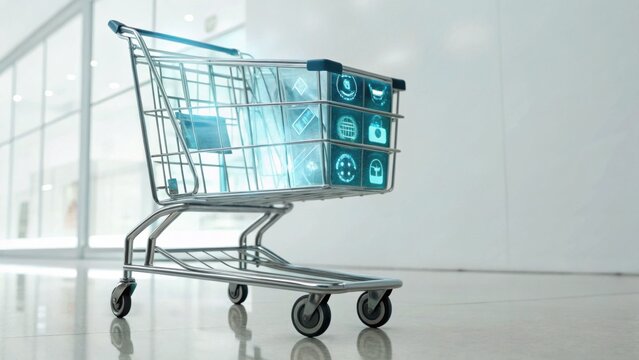 A futuristic shopping cart displays digital icons, symbolizing modern shopping experiences and technology integration in retail.