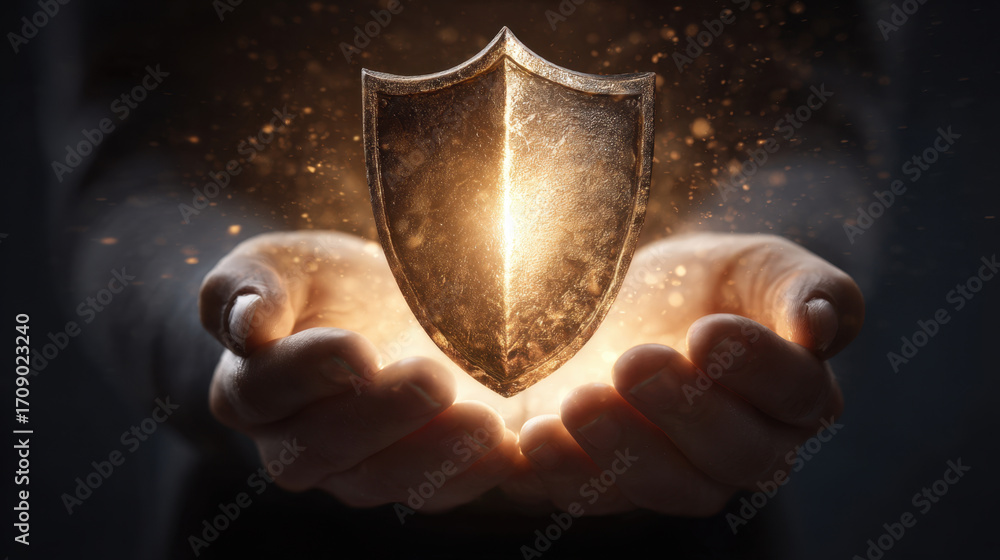 Poster glowing shield held in two hands, symbolizing protection and strength. shield emits warm light, surr
