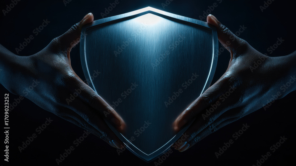 Poster pair of hands gently holds metallic shield, symbolizing protection and security. shield reflective s