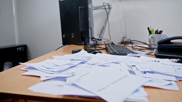 Chaotic office scene with papers falling and scattered around messy desk