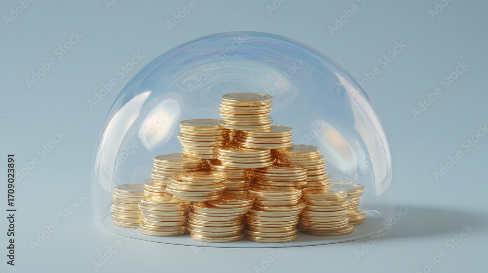 Poster stack of golden coins is protected under transparent bubble, symbolizing wealth and security. shiny 