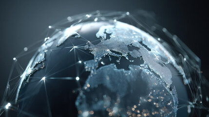Detailed digital representation of Earth showcasing interconnected networks and data points, emphasizing global connectivity and technology. image evokes sense of innovation and modernity