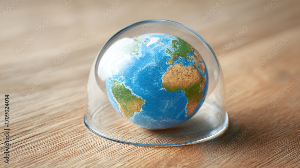 Poster globe representing earth is encased in transparent dome, symbolizing protection and preservation. vi