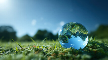 Crystal clear sphere reflects vibrant landscape of trees and blue sky, resting on lush green grass. scene evokes sense of tranquility and connection to nature