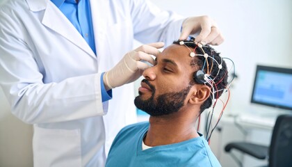 Doctor attaching EEG electrodes on patients head with medical exam.