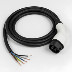 A coiled EV charging cable with a white connector and exposed wires.
