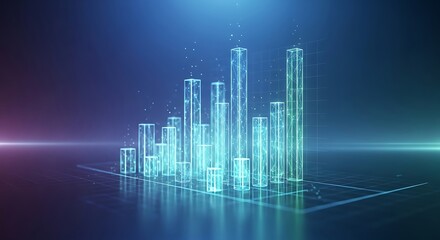 Glowing digital bar graph rises from a reflective surface, showcasing data visualization with a futuristic and technological aesthetic, symbolizing progress and innovation.