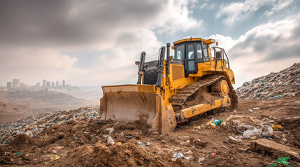 Dozer working at a landfill, compacting trash and covering it with soil
