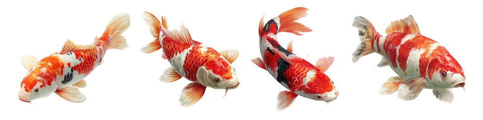 Four Beautifully Patterned Koi Fish Swimming in Formation isolated on transparent background.