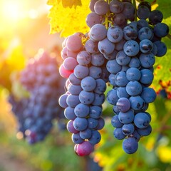 Bunches of ripe grapes on vine