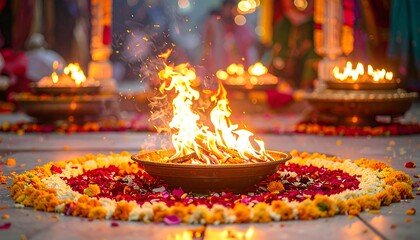 Burning ceremony, colorful flowers