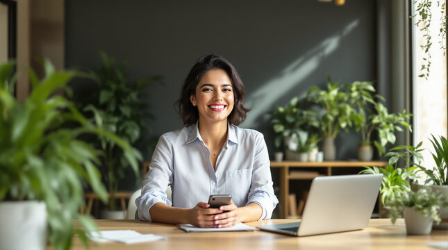 Mujer empresaria hispana en sus 30 practicando la desconexi&oacute;n digital en un espacio de trabajo con dise&ntilde;o biof&iacute;lico