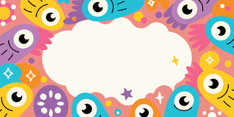 Whimsical cartoon monsters frame a blank speech bubble for text and design