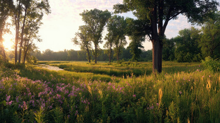 Fototapeta premium Serene landscape featuring lush green meadow with vibrant wildflowers, tall trees, and gentle stream. warm sunlight casts golden hue over scene, creating peaceful atmosphere