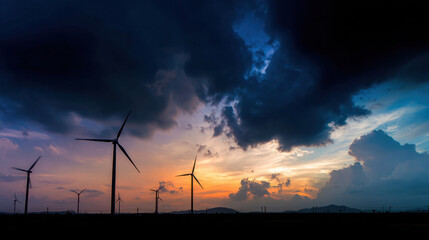 Obraz premium Wind turbines silhouette against dramatic sunset sky filled with clouds, showcasing renewable energy and nature beauty. scene evokes sense of tranquility and sustainability
