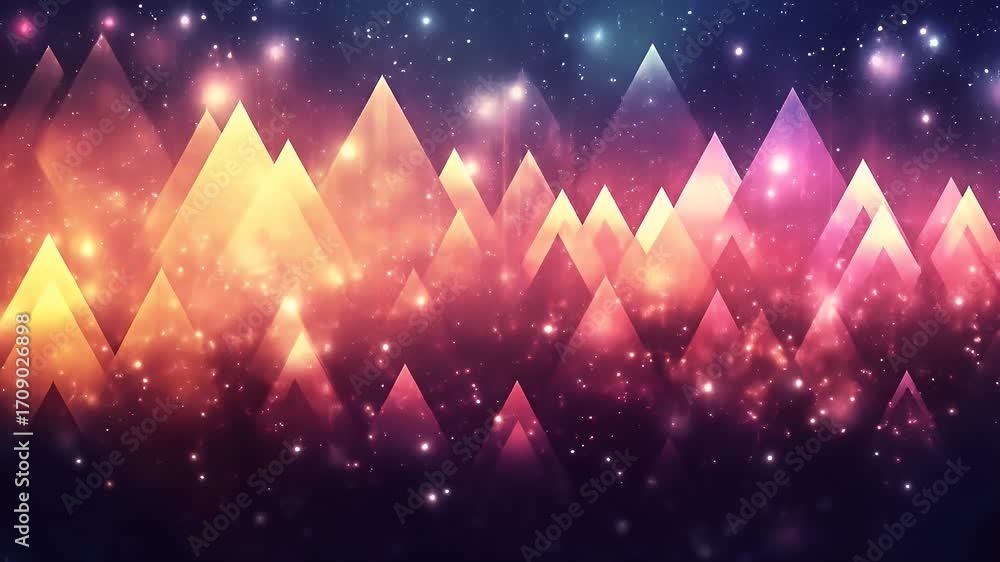 Poster abstract geometric mountain range design with glowing triangles and scattered light particles