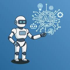 Fototapeta premium Artificial Intelligence Robot Explaining Digital Technology with AI Icons