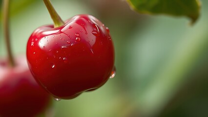 A close-up of a ripe cherry with water droplets, vibrant red against a softly blurred background.