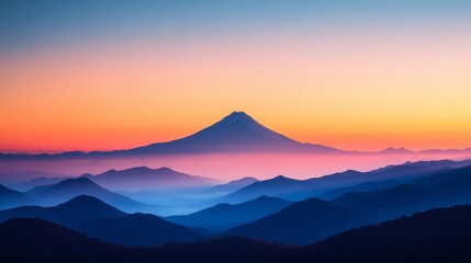 Beautiful sunrise view of Mount Fuji with a vibrant colorful sky, layered mountain silhouettes, serene beauty, cultural heritage, tranquil atmosphere of Japanese nature in peaceful early morning light