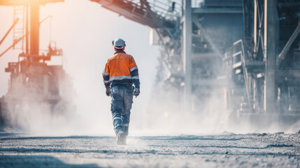 Construction worker walks through dusty site, wearing orange safety vest and helmet. sun sets background, casting warm glow over industrial environment, highlighting hard work and dedication