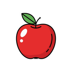 Cartoon Red Apple with Green Leaf and Stem
