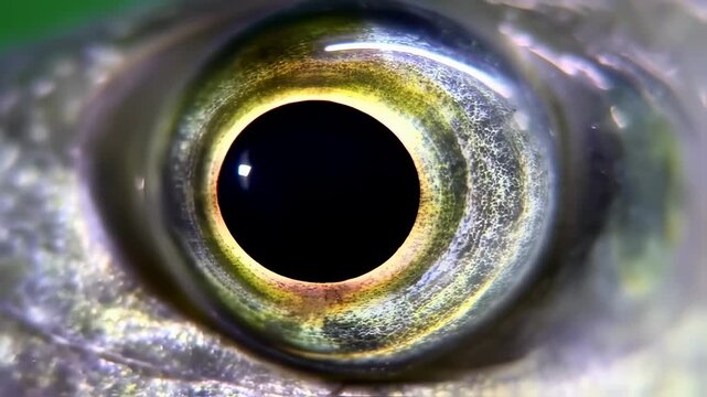 Macro view of fish eye blinking shows unique texture and vivid coloration