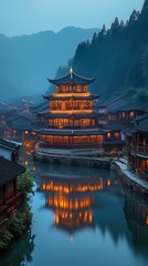 Obraz premium Traditional Chinese ancient town night scene, illuminated wooden houses, golden pavilion, mountain valley, river reflection, starry sky