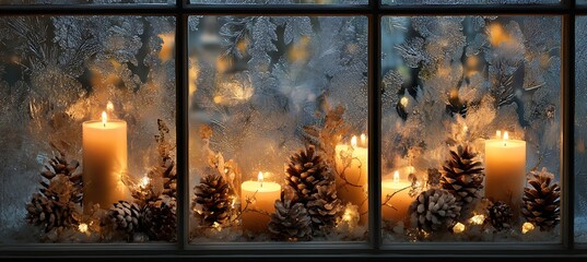 Festive winter window display with glowing candles and pine cones against a frosted glass pane creating a cozy ambiance