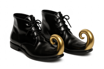 Pair of black elf shoes with golden toe curl isolated on transparent background