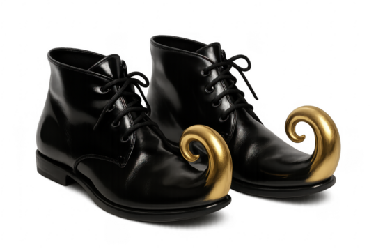 Pair of black elf shoes with golden toe curl isolated on transparent background