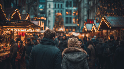 Obraz premium Enjoying Christmas Market, a couple walking near stalls