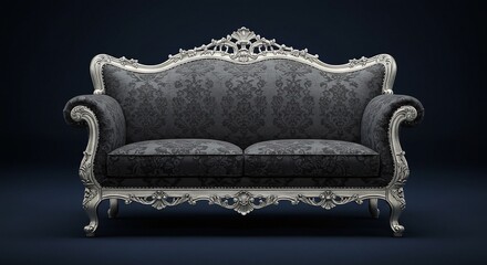 Elegant dark patterned sofa with silver ornate frame. Perfect for adding a touch of luxury to any living space with its classic design.