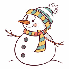 Cute Christmas snowman with a carrot nose and Santa hat holds a broom and Christmas tree in the winter snow