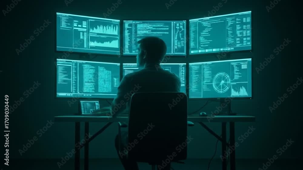 Aufkleber data analysis and cybersecurity, a focused worker navigating complex information streams with