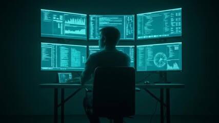 Data analysis and cybersecurity, a focused worker navigating complex information streams with - Powered by Adobe