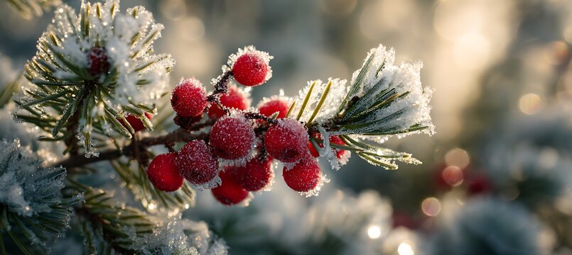 Sunlit winter scene of red berries and evergreen needles covered in frost and snow during a cold day