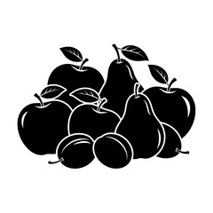 Black and White Silhouettes of Assorted Fruits with Leaves