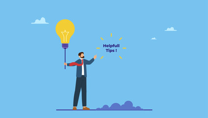 Smart businessman holding lightbulb idea balloon telling helpful tips. Helpful tips for business, useful ideas or smart trick to success, advice or suggestion information for improvement.